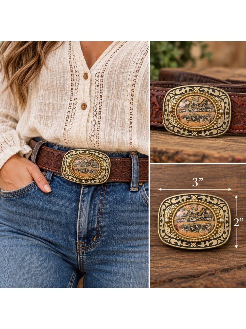 Vintage Made in USA Natural Stone Belt Buckle Brass Western Southwestern Boho